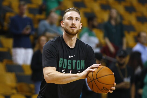 Boston Celtics' Gordon Hayward before their preseason NBA basketball game against the Philadelphia 76ers in Boston Monday, Oct. 9, 2017. (AP Photo/Winslow Townson)