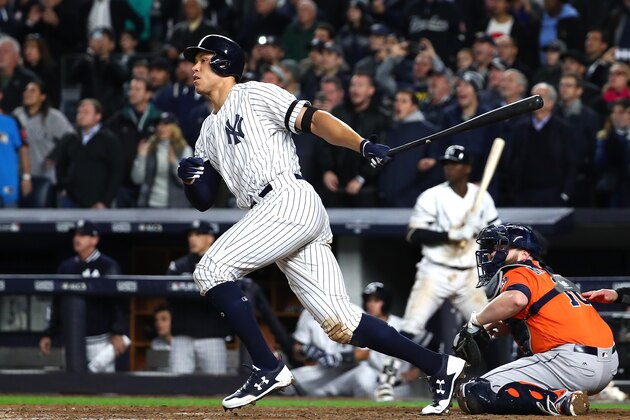 NEW YORK, NY - OCTOBER 17: Aaron Judge #99 of the New York Yankees hits a double during the eighth inning against the Houston Astros in Game Four of the American League Championship Series at Yankee Stadium on October 17, 2017 in the Bronx borough of New York City.  (Photo by Al Bello/Getty Images)
