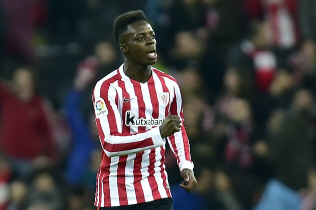 Athletic Bilbao's Inaki Williams celebrates scoring a goal during the Spanish Copa del Rey, 16 round, first leg soccer match, between Athletic Bilbao and FC Barcelona, at San Mames stadium, in Bilbao, northern Spain, Thursday, Jan.5, 2017. (AP Photo/Alvaro Barrientos)