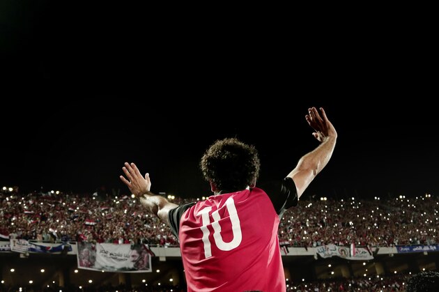 Egypt's Mohamed Salah celebrates defeating Congo during the 2018 World Cup group E qualifying soccer match at the Borg El Arab Stadium in Alexandria, Egypt, Sunday, Oct. 8, 2017. Egypt won 2-1. (AP Photo/Nariman El-Mofty)