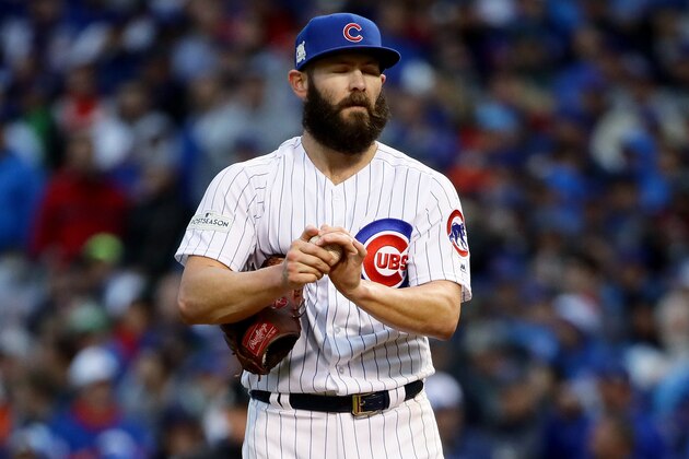 CHICAGO, IL - OCTOBER 11:  Jake Arrieta #49 of the Chicago Cubs reacts in the third inning during game four of the National League Division Series against the Washington Nationals at Wrigley Field on October 11, 2017 in Chicago, Illinois. (Photo by Jonathan Daniel/Getty Images)