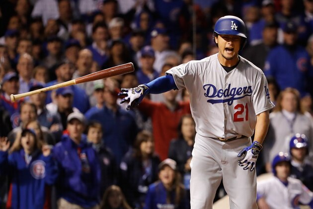 CHICAGO, IL - OCTOBER 17:  Yu Darvish #21 of the Los Angeles Dodgers reacts after drawing a walk in the sixth inning against the Chicago Cubs during game three of the National League Championship Series at Wrigley Field on October 17, 2017 in Chicago, Illinois.  (Photo by Jamie Squire/Getty Images)