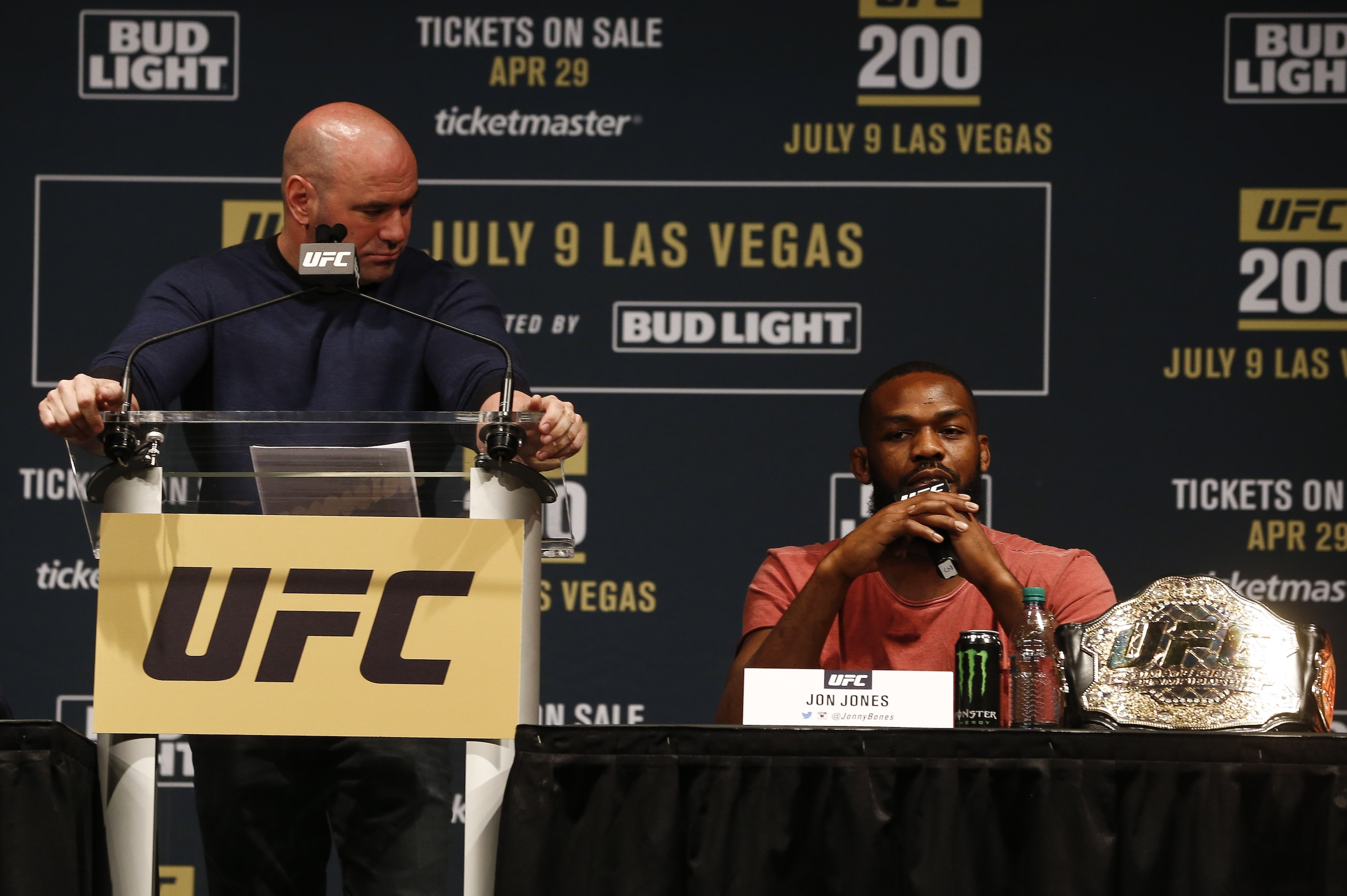 NEW YORK, NY - APRIL 27:  Jon Jones speaks at a press conference with UFC president Dana White at a media availability for UFC 200 at Madison Square Garden on April 27, 2016 in New York City. (Photo by Jeff Zelevansky/Getty Images)