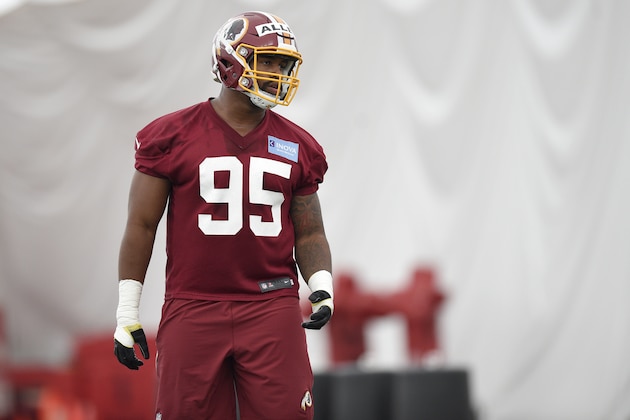 Washington Redskins defensive lineman Jonathan Allen looks on during an NFL football rookie minicamp, Saturday, May 13, 2017, in Ashburn, Va. (AP Photo/Nick Wass)