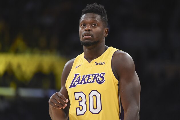 LOS ANGELES, CA - OCTOBER 10: Julius Randle #30 of the Los Angeles Lakers looks on during the preseason game against the Utah Jazz on October 10, 2017 at STAPLES Center in Los Angeles, California. NOTE TO USER: User expressly acknowledges and agrees that, by downloading and/or using this Photograph, user is consenting to the terms and conditions of the Getty Images License Agreement. Mandatory Copyright Notice: Copyright 2017 NBAE (Photo by Adam Pantozzi/NBAE via Getty Images)