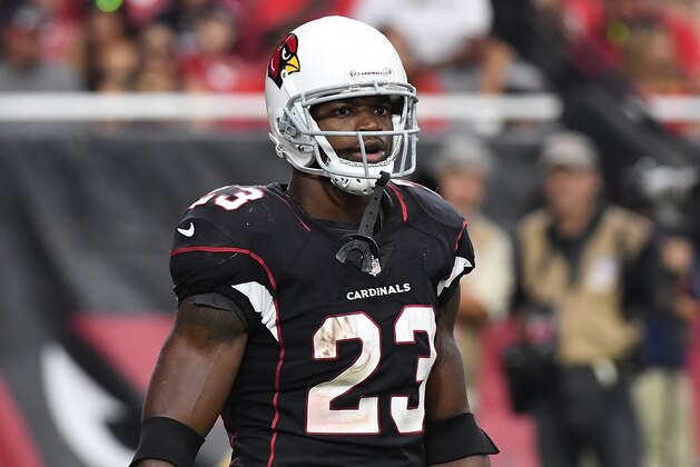 GLENDALE, AZ - OCTOBER 15:  Adrian Peterson #23 of the Arizona Cardinals looks to the sidelines during a stop in play against the Tampa Bay Buccaneers at University of Phoenix Stadium on October 15, 2017 in Glendale, Arizona.  (Photo by Norm Hall/Getty Images)
