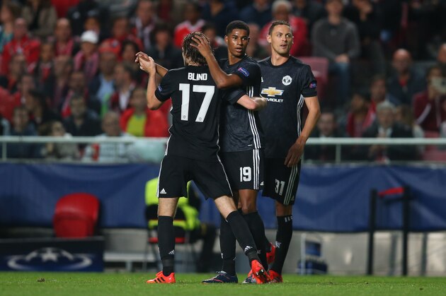 LISBON, PORTUGAL - OCTOBER 18: Marcus Rashford of Manchester United celebrates after he scores a goal to make it 0-1 during the UEFA Champions League group A match between SL Benfica and Manchester United at Estadio da Luz on October 18, 2017 in Lisbon, Portugal. (Photo by Catherine Ivill - AMA/Getty Images)