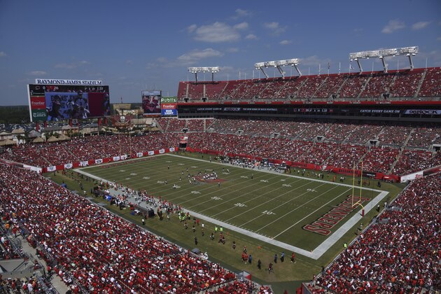 An overhead view of Raymond James Stadium during the second half of an NFL football gam between the Tampa Bay Buccaneers and the Chicago Bears, Sunday, Sept. 17, 2017, in Tampa, Fla. (AP Photo/Jason Behnken)