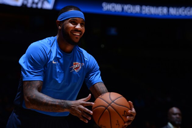 DENVER, CO - OCTOBER 10:  Carmelo Anthony #7 of the Oklahoma City Thunder smiles before the game against the Denver Nuggets on October 10, 2017 at the Pepsi Center in Denver, Colorado. NOTE TO USER: User expressly acknowledges and agrees that, by downloading and/or using this Photograph, user is consenting to the terms and conditions of the Getty Images License Agreement. Mandatory Copyright Notice: Copyright 2017 NBAE (Photo by Bart Young/NBAE via Getty Images)