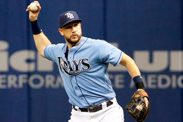 ST. PETERSBURG, FL - OCTOBER 1: Trevor Plouffe #14 of the Tampa Bay Rays throws the ball to first base during the game against the Baltimore Orioles at Tropicana Field on October 1, 2017 in St. Petersburg, Florida. (Photo by Joseph Garnett Jr./Getty Images)