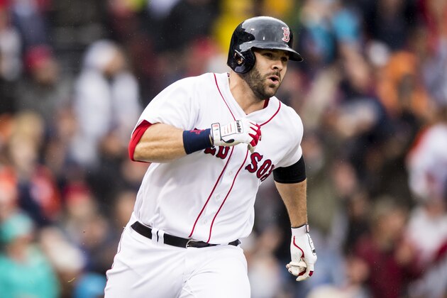 BOSTON, MA - SEPTEMBER 30: Mitch Moreland #18 of the Boston Red Sox rounds first base after hitting an RBI double during the fifth inning of a game against the Houston Astros on September 30, 2017 at Fenway Park in Boston, Massachusetts. (Photo by Billie Weiss/Boston Red Sox/Getty Images)
