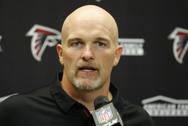 This Sept. 24, 2017 photo shows Atlanta Falcons head coach Dan Quinn addressing the media after an NFL football game against the Detroit Lions in Detroit. Quinn had Julio Jones and Vic Beasley back on the practice field as Atlanta returned from its bye week. Ryan Schraeder and Ricardo Allen have returned from concussions, giving the Falcons four starters looking ready to play this week against Miami. (AP Photo/Rick Osentoski)