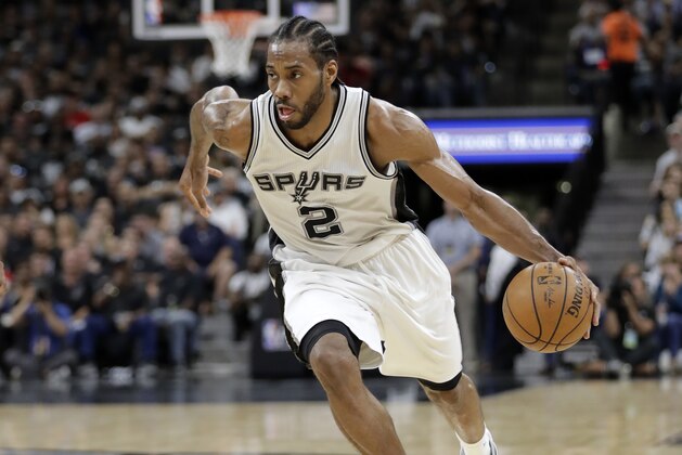San Antonio Spurs forward Kawhi Leonard (2) during the second half in a second-round NBA playoff series basketball game against the Houston Rockets, Monday, May 1, 2017, in San Antonio. (AP Photo/Eric Gay)