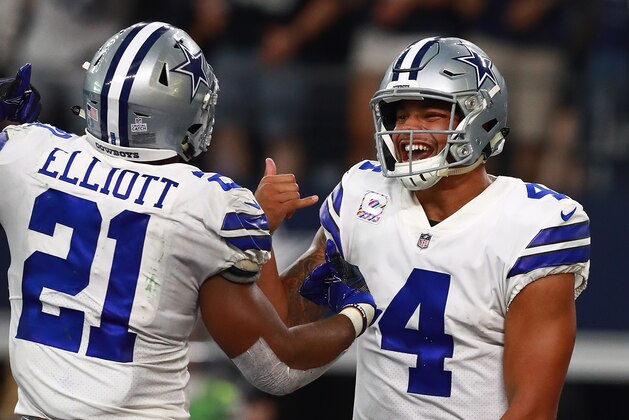 ARLINGTON, TX - OCTOBER 08:  Dak Prescott #4 of the Dallas Cowboys celebrates his late fourth-quarter touchdown with Ezekiel Elliott #21 against the Green Bay Packers at AT&T Stadium on October 8, 2017 in Arlington, Texas.  (Photo by Tom Pennington/Getty Images)