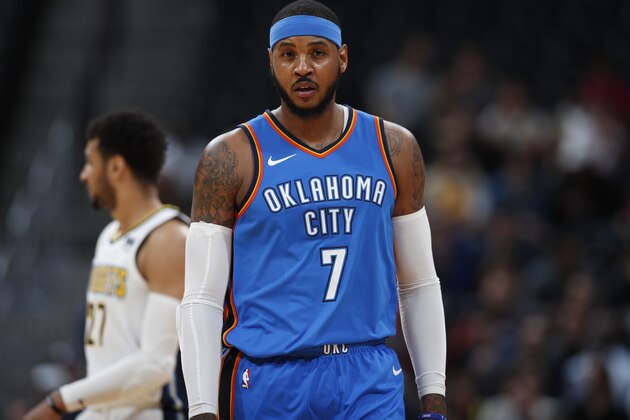Oklahoma City Thunder forward Carmelo Anthony (7) in the first half of an NBA preseason basketball game Tuesday, Oct. 10, 2017, in Denver. (AP Photo/David Zalubowski)
