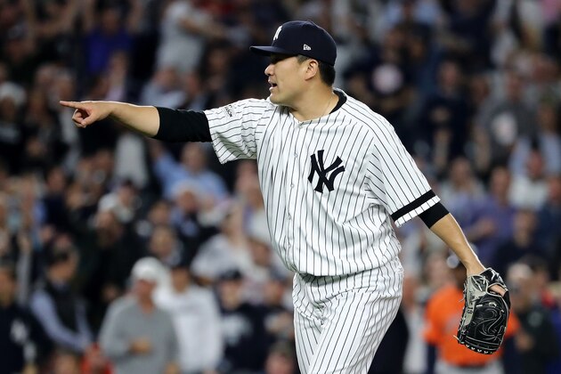 NEW YORK, NY - OCTOBER 18:  Masahiro Tanaka #19 of the New York Yankees reacts after the end of the top of the seventh inning against the Houston Astros in Game Five of the American League Championship Series at Yankee Stadium on October 18, 2017 in the Bronx borough of New York City.  (Photo by Elsa/Getty Images)