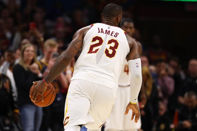 CLEVELAND, OH - OCTOBER 17: LeBron James #23 of the Cleveland Cavaliers plays with a ripped jersey during the second half against the Boston Celtics at Quicken Loans Arena on October 17, 2017 in Cleveland, Ohio. NOTE TO USER: User expressly acknowledges and agrees that, by downloading and or using this photograph, User is consenting to the terms and conditions of the Getty Images License Agreement.  (Photo by Gregory Shamus/Getty Images)