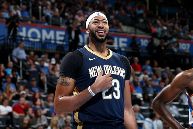 OKLAHOMA CITY, OK- OCTOBER 6: Anthony Davis #23 of the New Orleans Pelicans looks on during the game against the Oklahoma City Thunder during a preseason game on October 6, 2017 at Chesapeake Energy Arena in Oklahoma City, Oklahoma. NOTE TO USER: User expressly acknowledges and agrees that, by downloading and or using this photograph, User is consenting to the terms and conditions of the Getty Images License Agreement. Mandatory Copyright Notice: Copyright 2017 NBAE (Photo by Layne Murdoch/NBAE via Getty Images) OKLAHOMA CITY, OK- OCTOBER 6: Anthony Davis #23 of the New Orleans Pelicans looks on during the game against the Oklahoma City Thunder during a preseason game on October 6, 2017 at Chesapeake Energy Arena in Oklahoma City, Oklahoma. NOTE TO USER: User expressly acknowledges and agrees that, by downloading and or using this photograph, User is consenting to the terms and conditions of the Getty Images License Agreement. Mandatory Copyright Notice: Copyright 2017 NBAE (Photo by Layne Murdoch/NBAE via Getty Images)