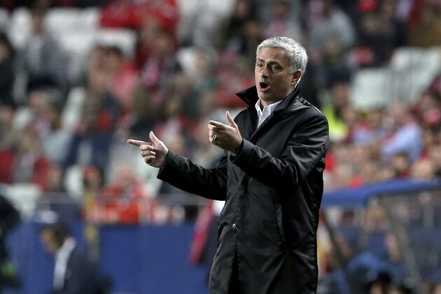 Manchester United coach Jose Mourinho gives instructions to his players during a Champions League group A soccer match between Manchester United and Benfica at Benfica's Luz stadium in Lisbon, Wednesday, Oct. 18, 2017. (AP Photo/Armando Franca)