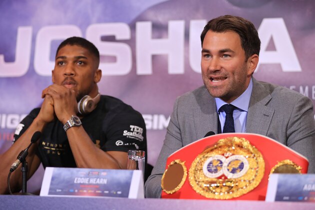 LONDON, ENGLAND - APRIL 27:  Eddie Hearn, boxing promoter (R) and Anthony Joshua  (L) speak during a press conference for his Super Heavyweight title fight against Wladamir Klitschko at Sky Sports Studios on April 27, 2017 in London, England. Anthony Joshua and Wladamir Klitschko are due to fight for the IBF, IBO and WBA Super Heavyweight Championships of the World at Wembley Stadium on April 29.  (Photo by Richard Heathcote/Getty Images)