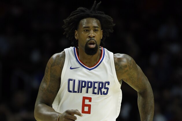 Los Angeles Clippers center DeAndre Jordan runs up court against the Portland Trail Blazers during the first half of a preseason NBA basketball game in Los Angeles, Sunday, Oct. 8, 2017. (AP Photo/Alex Gallardo)