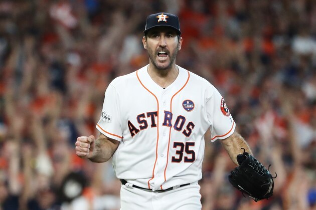 HOUSTON, TX - OCTOBER 14:  Justin Verlander #35 of the Houston Astros celebrates after striking out Brett Gardner #11 of the New York Yankees in the eighth inning during game two of the American League Championship Series at Minute Maid Park on October 14, 2017 in Houston, Texas.  (Photo by Elsa/Getty Images)