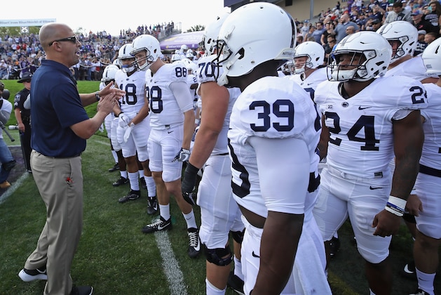 EVANSTON, IL - OCTOBER 07:  Head coach James Franklin of the Penn State Nittany Lions encourages his team before a game against the Northwestern Wildcats at Ryan Field on October 7, 2017 in Evanston, Illinois.  (Photo by Jonathan Daniel/Getty Images)