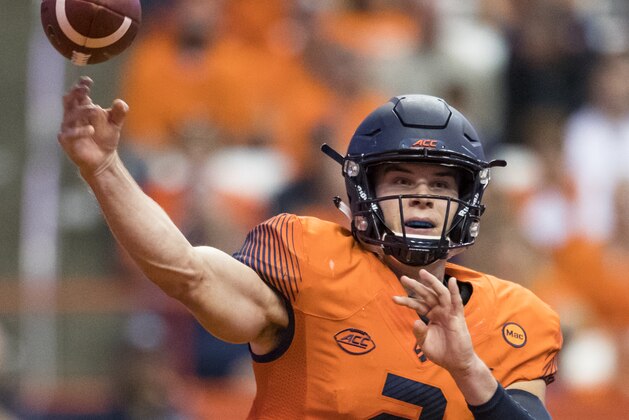 SYRACUSE, NY - OCTOBER 13: Eric Dungey #2 of the Syracuse Orange passes the ball during the second half against the Clemson Tigers at the Carrier Dome on October 13, 2017 in Syracuse, New York. Syracuse defeats Clemson 27-24. (Photo by Brett Carlsen/Getty Images) SYRACUSE, NY - OCTOBER 13: Eric Dungey #2 of the Syracuse Orange passes the ball during the second half against the Clemson Tigers at the Carrier Dome on October 13, 2017 in Syracuse, New York. Syracuse defeats Clemson 27-24. (Photo by Brett Carlsen/Getty Images)