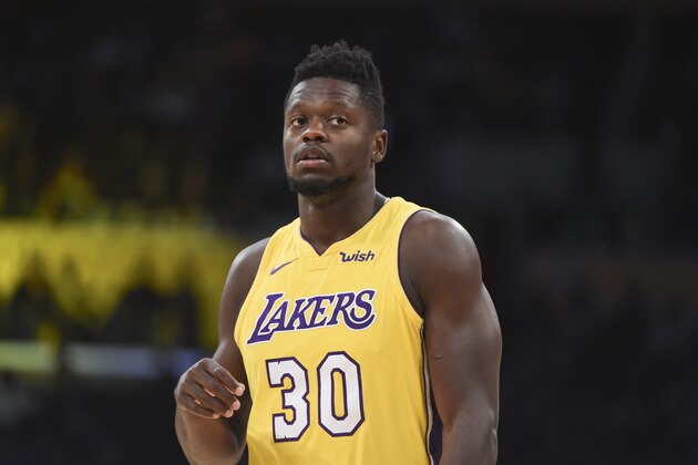 LOS ANGELES, CA - OCTOBER 10: Julius Randle #30 of the Los Angeles Lakers looks on during the preseason game against the Utah Jazz on October 10, 2017 at STAPLES Center in Los Angeles, California. NOTE TO USER: User expressly acknowledges and agrees that, by downloading and/or using this Photograph, user is consenting to the terms and conditions of the Getty Images License Agreement. Mandatory Copyright Notice: Copyright 2017 NBAE (Photo by Adam Pantozzi/NBAE via Getty Images)