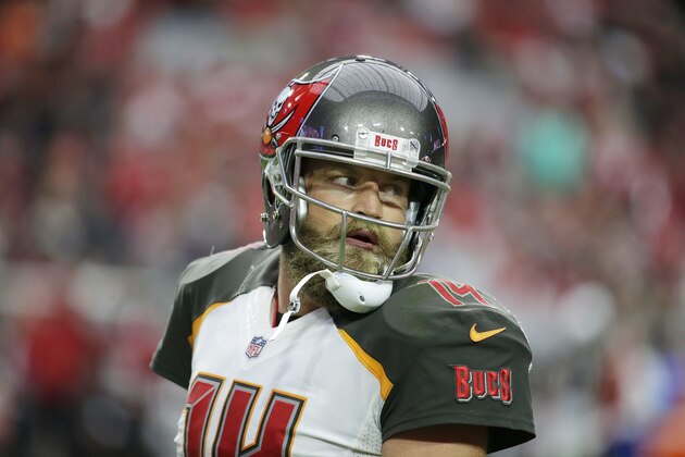 Tampa Bay Buccaneers quarterback Ryan Fitzpatrick (14) pauses on the field during the second half of an NFL football game against the Arizona Cardinals Sunday, Oct. 15, 2017, in Glendale, Ariz. (AP Photo/Rick Scuteri)