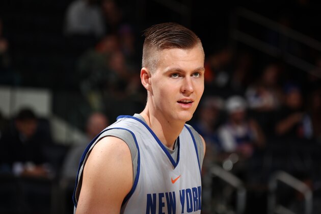 NEW YORK, NY - OCTOBER 01:  Kristaps Porzingis #6 of the New York Knicks participates during the Open Practice for the New York Knicks on October 1, 2017 at Madison Square Garden in New York City. NOTE TO USER: User expressly acknowledges and agrees that, by downloading and or using this photograph, User is consenting to the terms and conditions of the Getty Images License Agreement. Mandatory Copyright Notice: Copyright 2017 NBAE (Photo by Nathaniel S. Butler/NBAE via Getty Images)