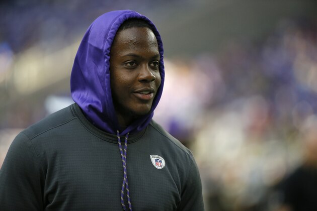 Minnesota Vikings quarterback Teddy Bridgewater walks on the field before an NFL football game against the New Orleans Saints, Monday, Sept. 11, 2017, in Minneapolis. (AP Photo/Bruce Kluckhohn)