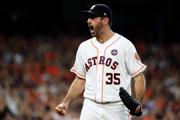 HOUSTON, TX - OCTOBER 14:  Justin Verlander #35 of the Houston Astros reacts in the ninth inning against the New York Yankees during game two of the American League Championship Series at Minute Maid Park on October 14, 2017 in Houston, Texas.  (Photo by Elsa/Getty Images)