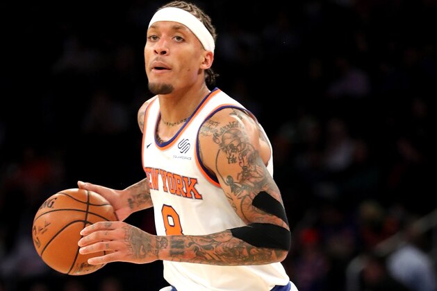 NEW YORK, NY - OCTOBER 13: Michael Beasley #8 of the New York Knicks looks down the court during the second half against the Washington Wizards during their Pre Season game at Madison Square Garden on October 13, 2017 in New York City. User expressly acknowledges and agrees that, by downloading and or using this photograph, User is consenting to the terms and conditions of the Getty Images License Agreement.  (Photo by Abbie Parr/Getty Images)