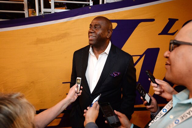 LOS ANGELES, CA - OCTOBER 19:  Magic Johnson, president of basketball operations of the Los Angeles Lakers is interviewed before the game against the LA Clippers on October 19, 2017 at STAPLES Center in Los Angeles, California. NOTE TO USER: User expressly acknowledges and agrees that, by downloading and/or using this Photograph, user is consenting to the terms and conditions of the Getty Images License Agreement. Mandatory Copyright Notice: Copyright 2017 NBAE (Photo by Andrew D. Bernstein/NBAE via Getty Images)