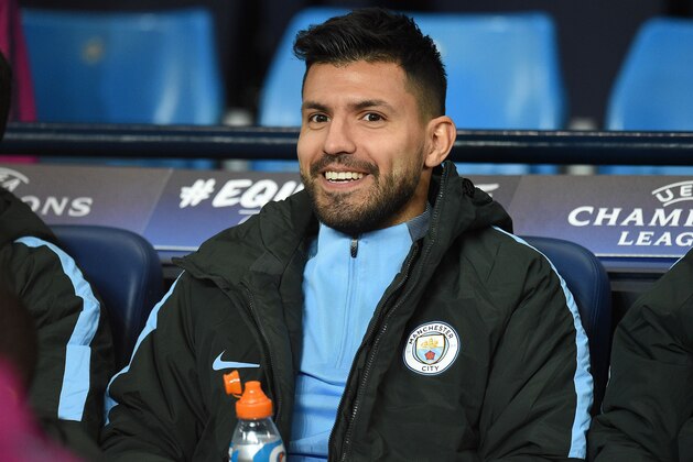 Manchester City's Argentinian striker Sergio Aguero sits on the bench ahead of the UEFA Champions League Group F football match between Manchester City and Napoli at the Etihad Stadium in Manchester, north west England, on October 17, 2017. / AFP PHOTO / Oli SCARFF        (Photo credit should read OLI SCARFF/AFP/Getty Images)
