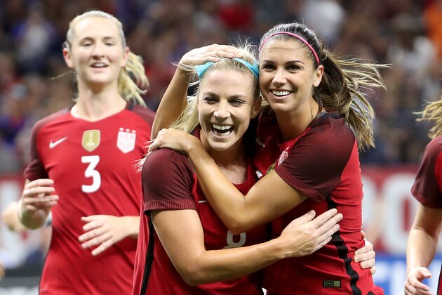 NEW ORLEANS, LA - OCTOBER 19:  Julie Ertz of the USA celebrates after scoring a goal with Alex Morgan of the USA against the Korea Republic at the Mercedes-Benz Superdome on October 19, 2017 in New Orleans, Louisiana.  (Photo by Chris Graythen/Getty Images)