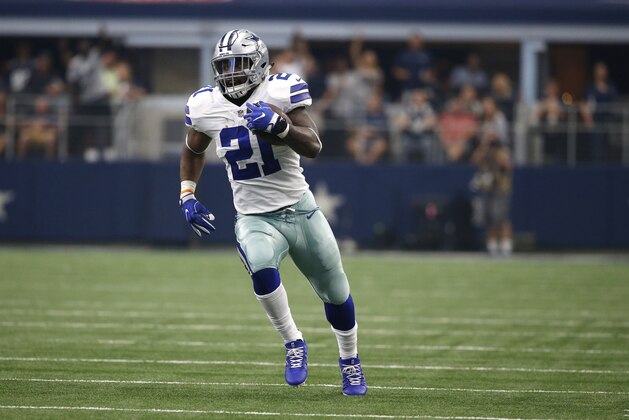 Dallas Cowboys running back Ezekiel Elliott (21) carries the ball for a long run against the Los Angeles Rams in the first half of an NFL football game, Sunday, Oct. 1, 2017, in Arlington, Texas. (AP Photo/Ron Jenkins)