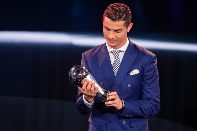 ZURICH, SWITZERLAND - JANUARY 09: Cristiano Ronaldo of Portugal and Real Madrid receives The Best FIFA Men's Player Award during The Best FIFA Football Awards 2016 on January 9, 2017 in Zurich, Switzerland. (Photo by Philipp Schmidli/Getty Images)