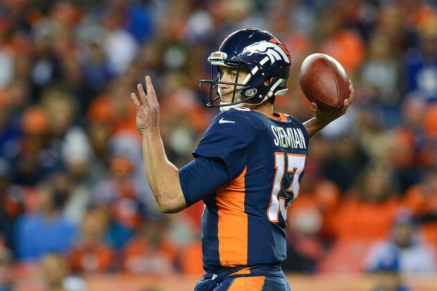 DENVER, CO - OCTOBER 15: Quarterback Trevor Siemian #13 of the Denver Broncos passes against the New York Giants during a game at Sports Authority Field at Mile High on October 15, 2017 in Denver, Colorado. (Photo by Dustin Bradford/Getty Images)