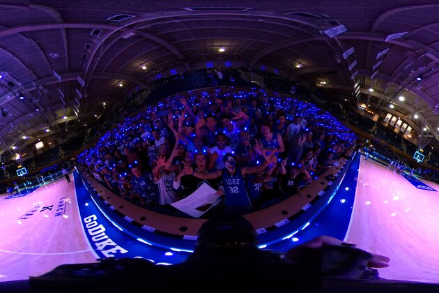 DURHAM, NC - OCTOBER 20: (EDITOR'S NOTE: Image was created as an Equirectangular Panorama. Import image into a panoramic player to create an interactive 360 degree view.) A 360-degree general view as the Cameron Crazies and fans of the Duke Blue Devils cheer during Duke Countdown To Craziness at Cameron Indoor Stadium on October 20, 2017 in Durham, North Carolina. (Photo by Lance King/Getty Images)