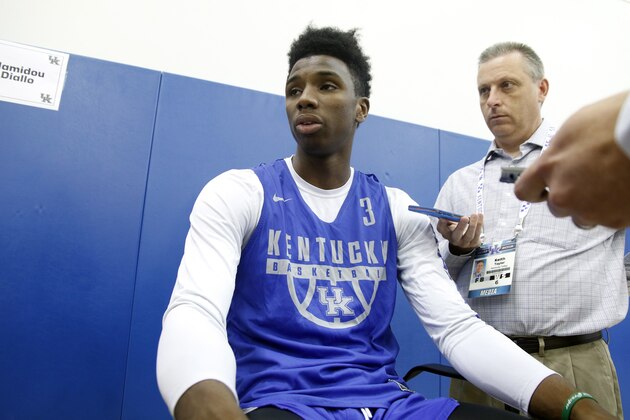 Kentucky's Hamidou Diallo speaks to the media during the school's NCAA college basketball media day, Thursday, Oct. 12, 2017, in Lexington, Ky. (AP Photo/James Crisp)