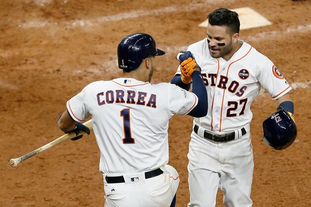 HOUSTON, TX - OCTOBER 20:  Jose Altuve #27 of the Houston Astros celebrates after hitting a solo home run against David Robertson #30 of the New York Yankees during the eighth inning in Game Six of the American League Championship Series at Minute Maid Park on October 20, 2017 in Houston, Texas.  (Photo by Bob Levey/Getty Images)