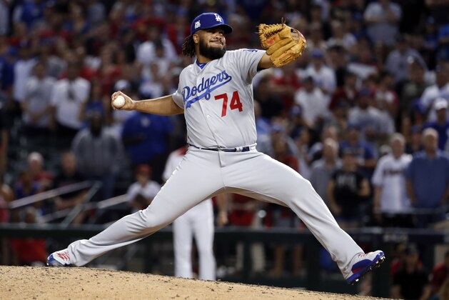 Los Angeles Dodgers relief pitcher Kenley Jansen (74) against the Arizona Diamondbacks during the second inning of game 3 of baseball's National League Division Series, Monday, Oct. 9, 2017, in Phoenix. (AP Photo/Rick Scuteri)