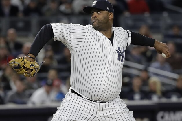 New York Yankees starting pitcher CC Sabathia throws during the first inning of Game 3 of baseball's American League Championship Series against the Houston Astros Monday, Oct. 16, 2017, in New York. (AP Photo/David J. Phillip)
