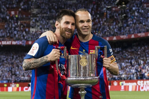 MADRID, SPAIN - MAY 27: Lionel Andres Messi of FC Barcelona (L) and Andres Iniesta Lujan of FC Barcelona (L) poses for photos with the trophy of Copa Del Rey, after the final between FC Barcelona and Deportivo Alaves at Vicente Calderon Stadium on May 27, 2017 in Madrid, Spain. (Photo by Power Sport Images/Getty Images)