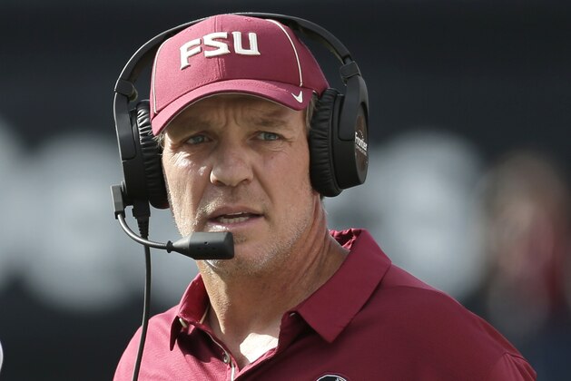 Florida State head coach Jimbo Fisher watches the action in the first half of an NCAA college football game against Wake Forest in Winston-Salem, N.C., Saturday, Sept. 30, 2017. (AP Photo/Chuck Burton)