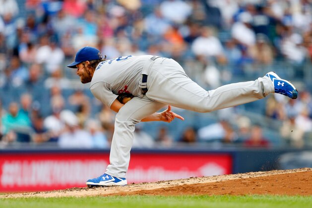 NEW YORK, NY - SEPTEMBER 14:  Clayton Kershaw #22 of the Los Angeles Dodgers in action against the New York Yankees at Yankee Stadium on September 14, 2016 in the Bronx borough of New York City. The Dodgers defeated the Yankees 2-0.  (Photo by Jim McIsaac/Getty Images)