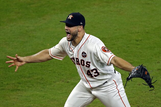 HOUSTON, TEXAS - OCTOBER 21:  Lance McCullers Jr. #43 and Brian McCann #16 of Houston Astros celebrate after defeating the New York Yankees by a score of 4-0 to win Game Seven of the American League Championship Series at Minute Maid Park on October 21, 2017 in Houston, Texas. The Houston Astros advance to face the Los Angeles Dodgers in the World Series.(Photo by Bob Levey/Getty Images)