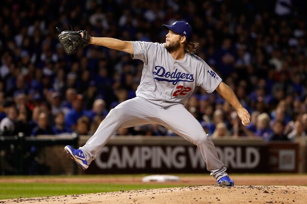 CHICAGO, IL - OCTOBER 19:  Clayton Kershaw #22 of the Los Angeles Dodgers pitches in the second inning against the Chicago Cubs during game five of the National League Championship Series at Wrigley Field on October 19, 2017 in Chicago, Illinois.  (Photo by Jamie Squire/Getty Images)